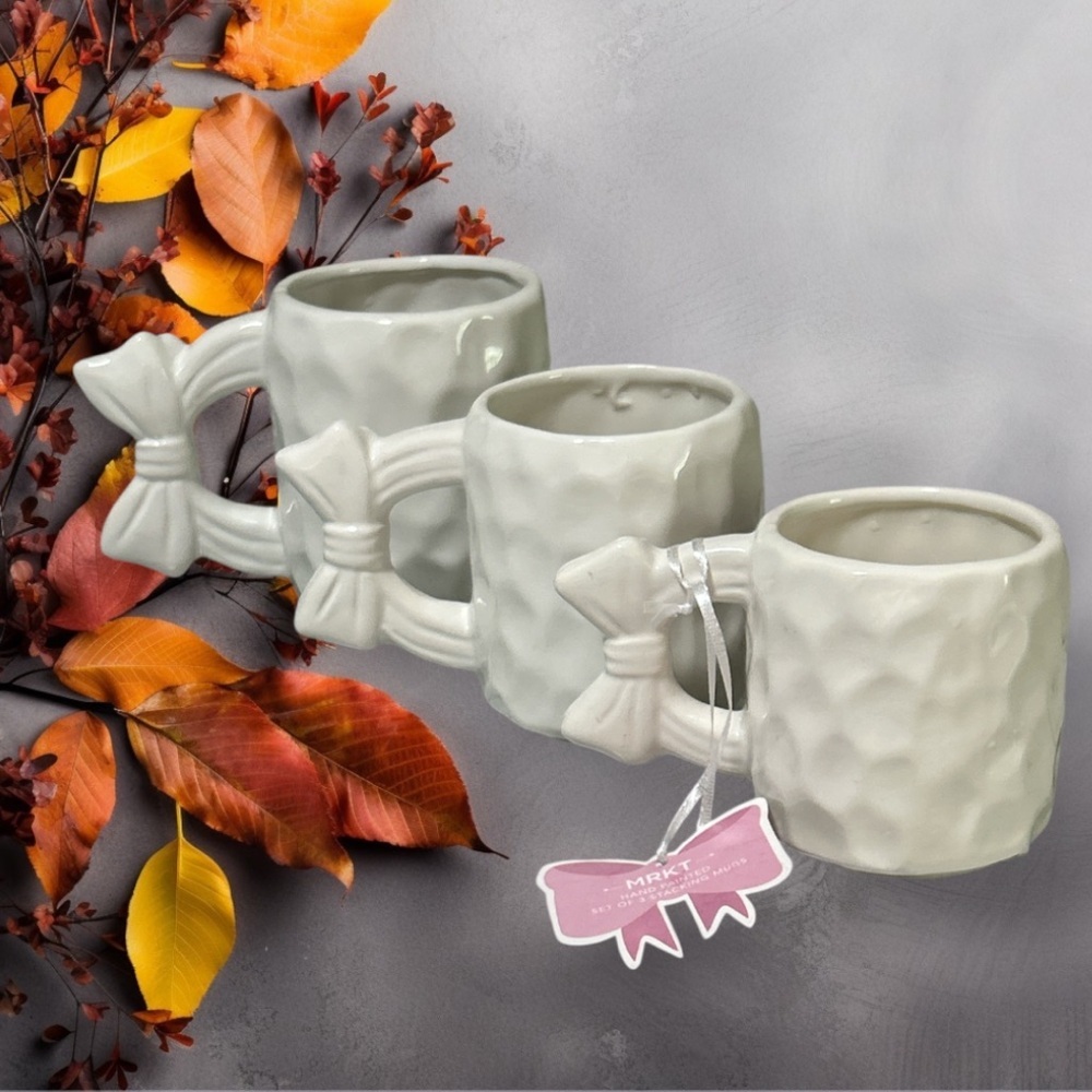 New Market Finds Hand Painted Pink Bow Handle Ceramic Coffee Tea Mug Set - Picture 1 of 16